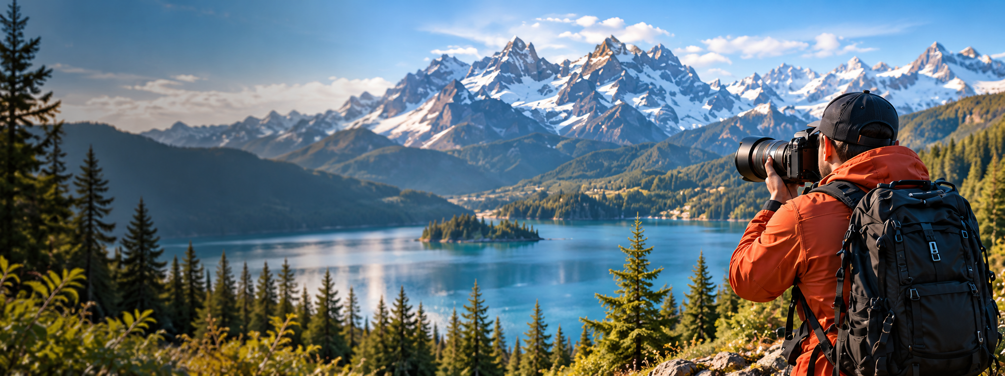 Photographer with a telephoto camera overlooking a mountain lake