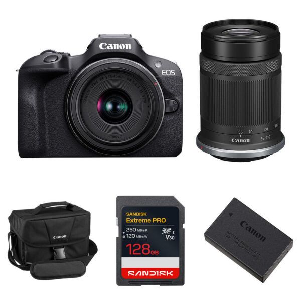 Canon EOS R100 Mirrorless Camera with 18-45mm & 55-210mm Lenses & Essentials+ Kit