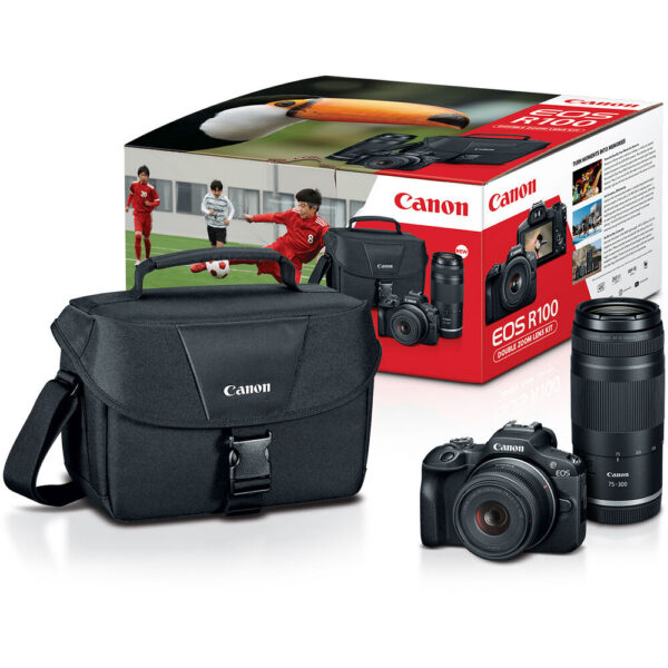Canon EOS R100 Mirrorless Camera with 18-45mm and 75-300mm Lenses and Essentials+ Kit view 6