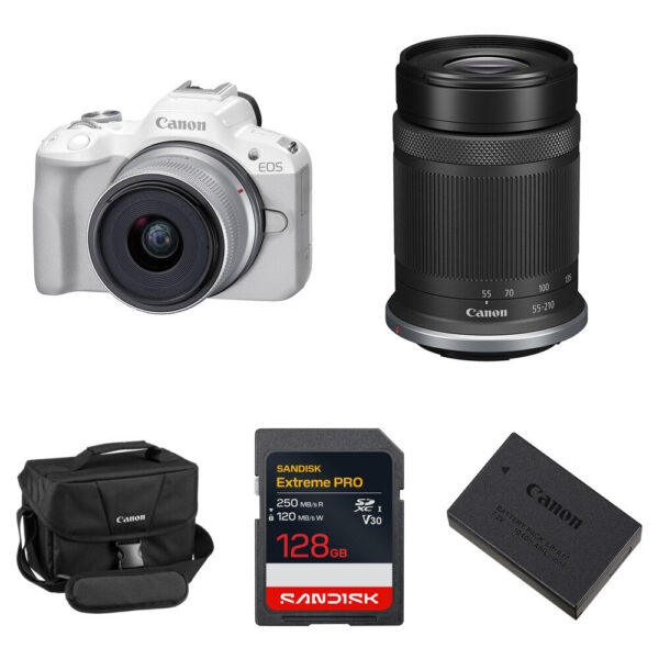 Canon EOS R50 Mirrorless Camera with 18-45mm & 55-210mm Lenses and Essentials+ Kit (White)