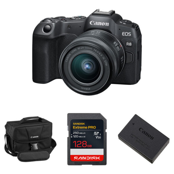Canon EOS R8 Mirrorless Camera with 24-50mm f/4.5-6.3 Lens and Essentials+ Kit