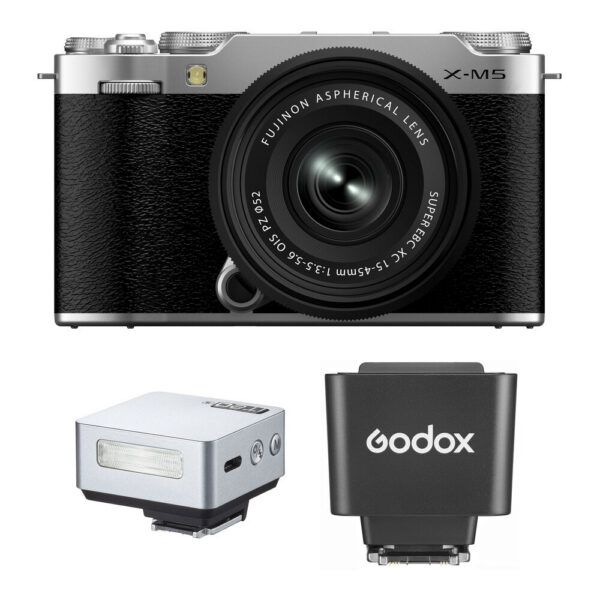 FUJIFILM X-M5 Mirrorless Camera with 15-45mm f/3.5-5.6 Lens and Mini Flash Kit (Silver)