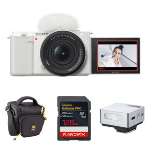 Sony ZV-E10 Mirrorless Camera with 16-50mm f/3.5-5.6 II Lens and Mini Flash Kit (White)