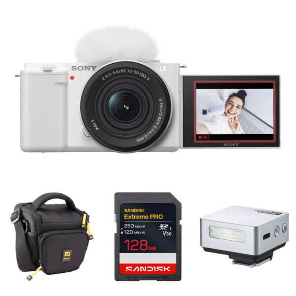 Sony ZV-E10 Mirrorless Camera with 16-50mm f/3.5-5.6 II Lens and Mini Flash Kit (White)